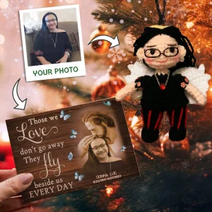 Personalized Ornament Crochet Doll with Photo Card "Safe In God's Hands Those We Love Don't Go Away"