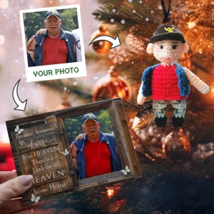 Personalized Ornament Crochet Doll with Photo Card "Because Someone We Love Is In Heaven 2"