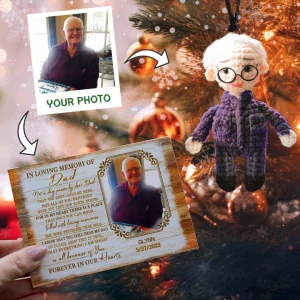 Personalized Ornament Crochet Doll with Photo Card "In Loving Memory Of Dad"